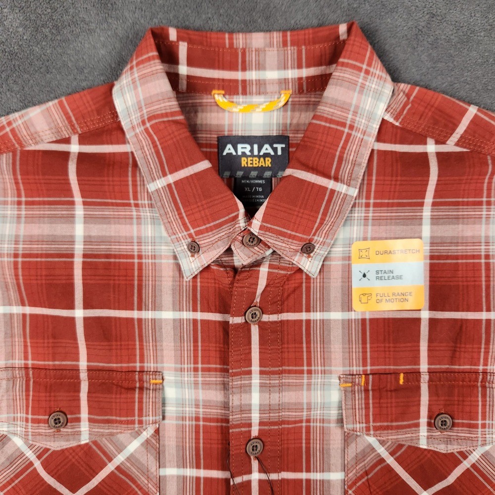 Ariat Rebar Work Shirt Mens XL Chili Oil Red Plaid Short Sleeve DuraStretch NEW